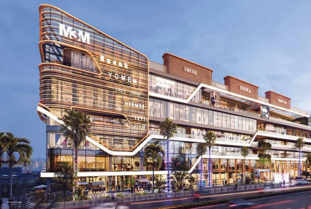 M3M The Line Sector 72 Noida — 23-storey retail and PentSuites tower at sunset