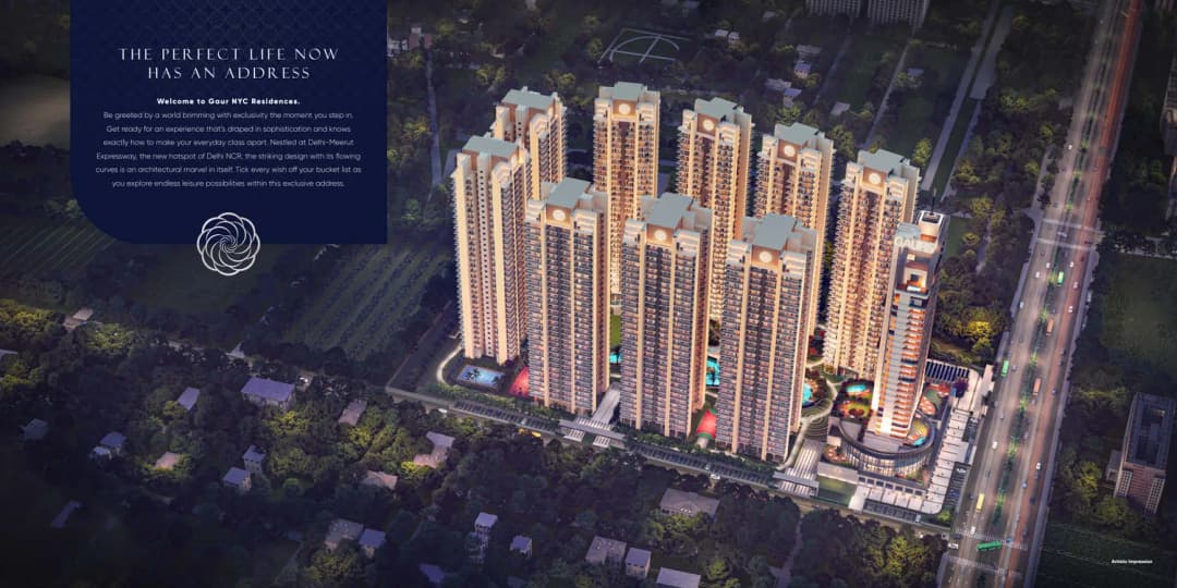 Gaur NYC Residences Wave City Ghaziabad — aerial view of the towers