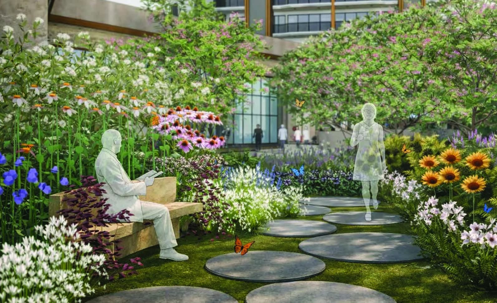 Pollinator and butterfly garden with stepping-stone path and perennial planting