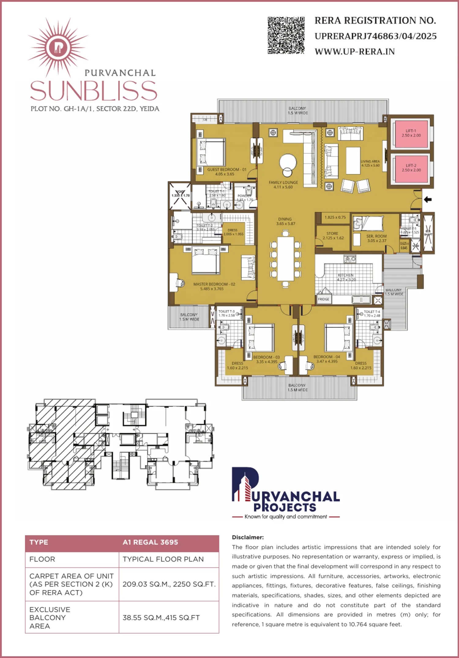 Purvanchal SunBliss Sector 22D Yamuna Expressway — 4 BHK Regal floor plan (3,695 sq.ft)